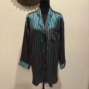 VTG VICTORIA'S SECRET Sleepshirt Satin Striped Green/Red Sz S Relaxed Alluring
